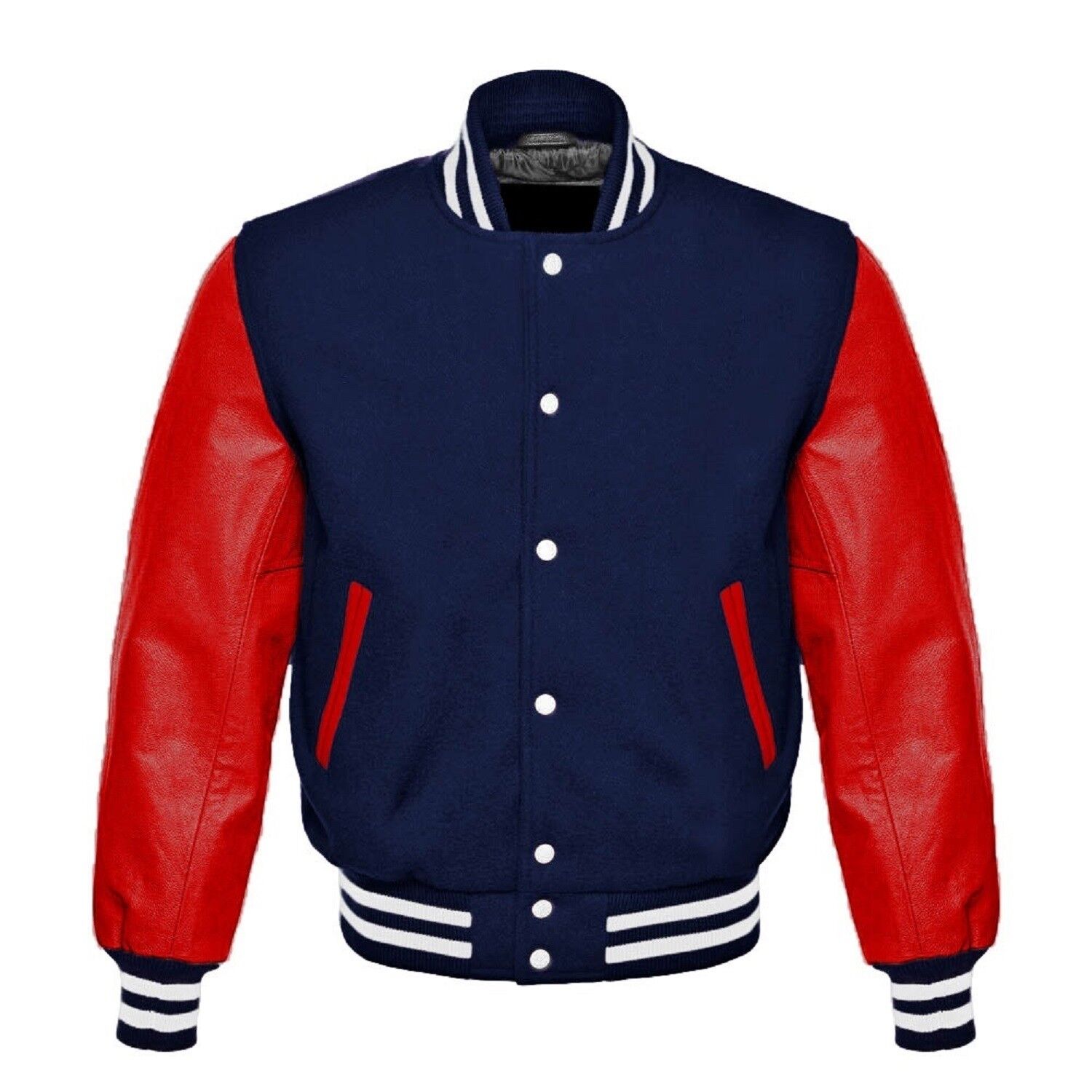 Navy Blue Wool Varsity Bomber Jackets With Red Real Leather Sleeves  Letterman