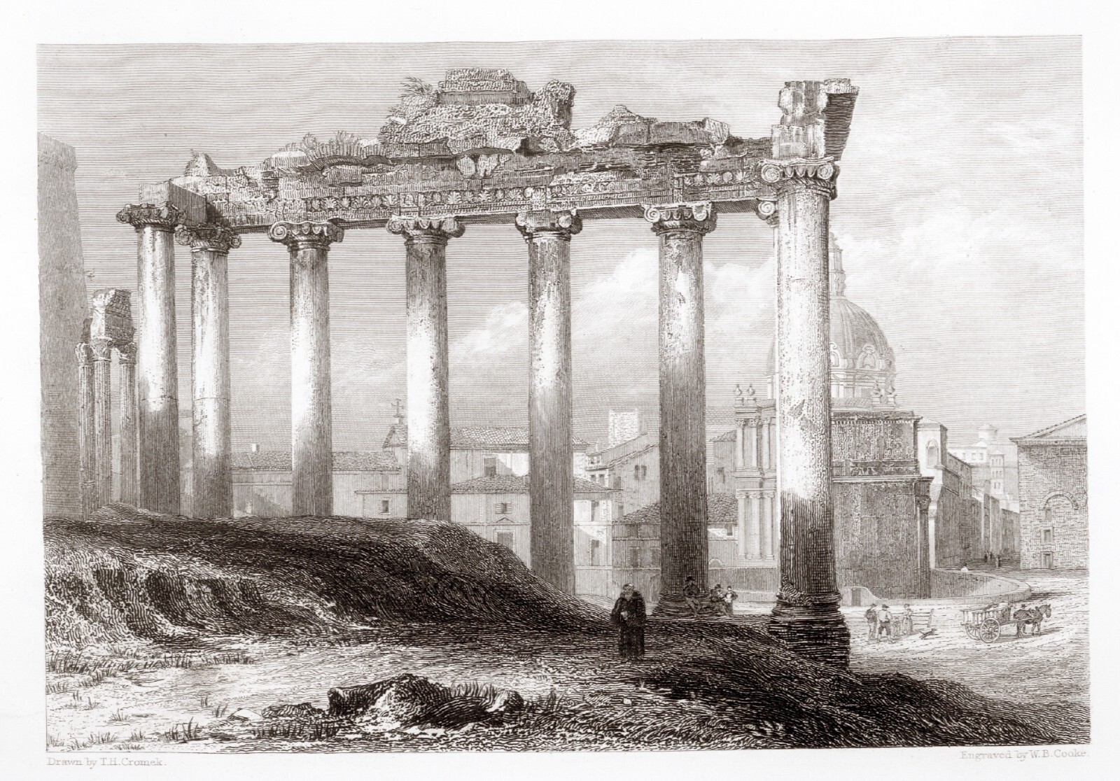 TEMPIO DELLA CONCORDIA A ROMA , rara incisione, 1861 + PASSEPARTOUT