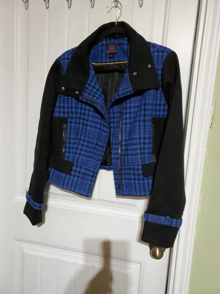 Material Girl Bright Blue Houndstooth Plaid Moto Biker Jacket Womens XL Cropped - Image 2 of 4