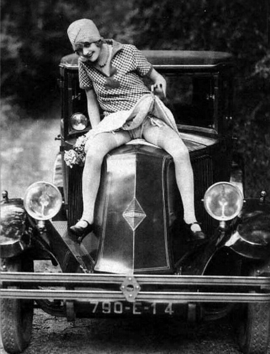 Vintage photo risque woman on antique car hood lifting skirt 8x10 Photo Reprint