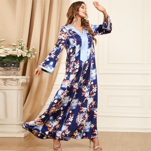 Muslim Floral Kaftan Islamic Women Maxi Dress Ramadan Dubai Caftan Moroccan Gown - Picture 34 of 216