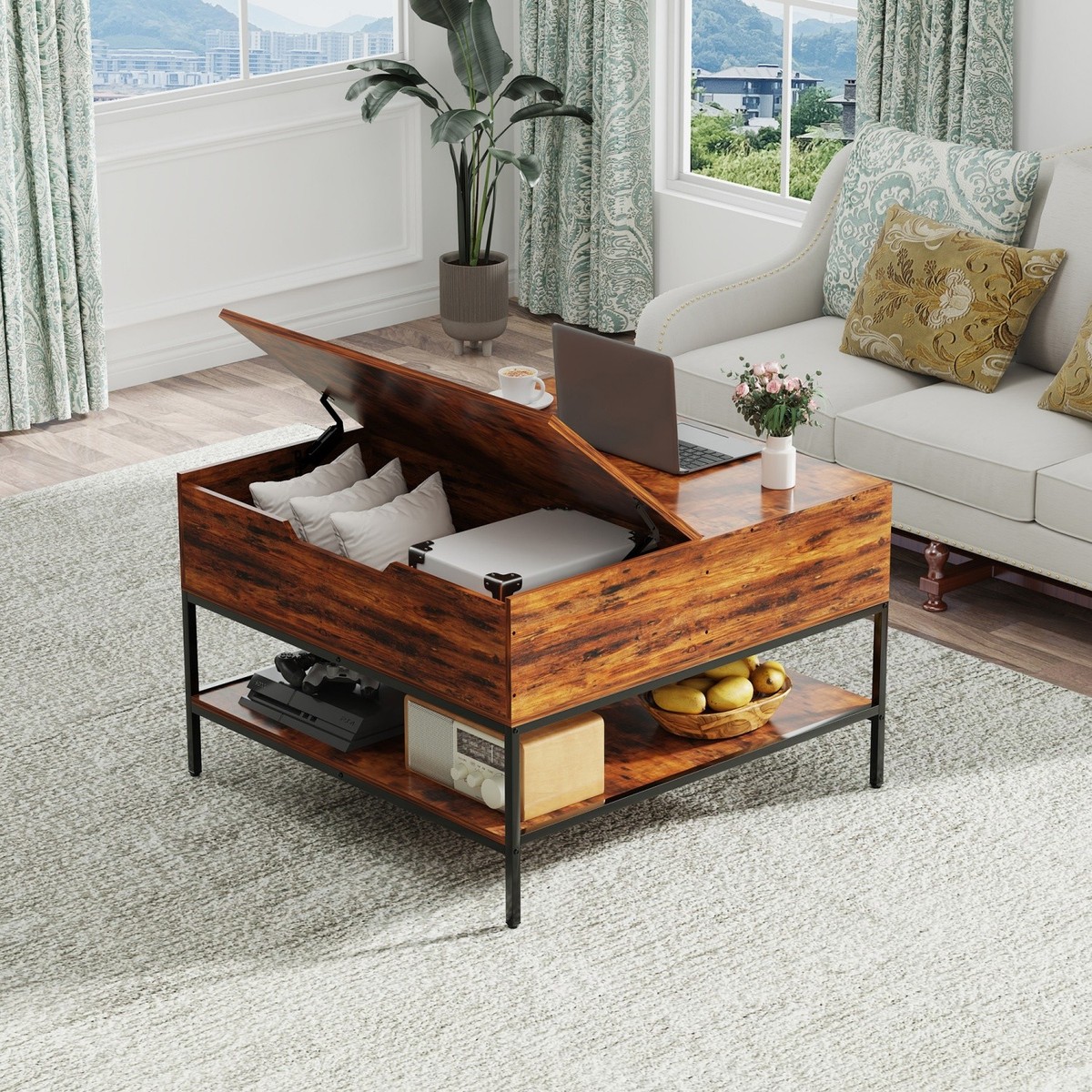 Farmhouse Flip-Top Coffee Table Center Cocktail Table with Hidden