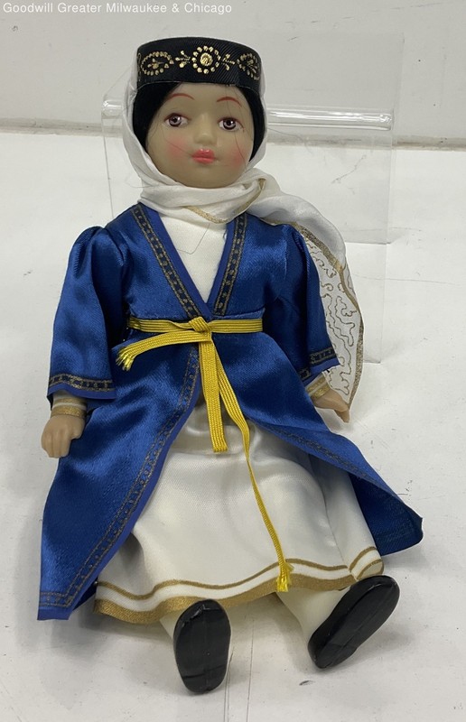 NWT Georgian Blue White Black Gold Traditional Costume Cloth Plastic Doll