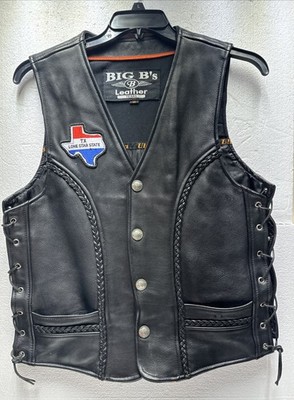 Big B's Leather Vest Jacket Mens Med. Black Lace Sides Large Triker Patch