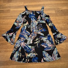 Karen Kane black green floral cold shoulder a-line mini dress size medium M b42