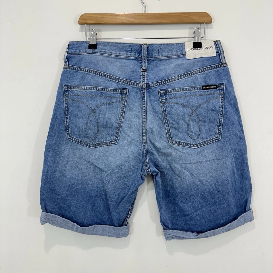 Calvin Klein Denim Shorts Men 31 Blue Rolled Hem Mid Rise Zip Fly Cotton/Linen — 第 2/4 张图片
