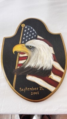 wooden wall plaque Eagle American Flag 13x10 hand painted 2001