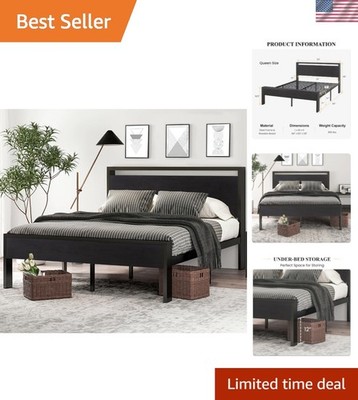 14 Inch Queen Size Metal Platform Bed Frame with Wooden Headboard and Footboa...