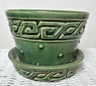 MCM McCoy Pottery Green Greek Key And Dot Small Planter With Saucer