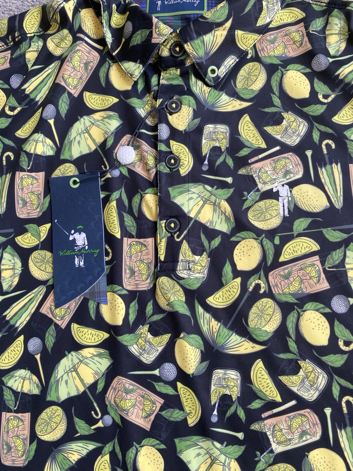 MEDIUM William Murray Golf Polo Shirt Mens Lemon Life Black Yellow Green NEW
