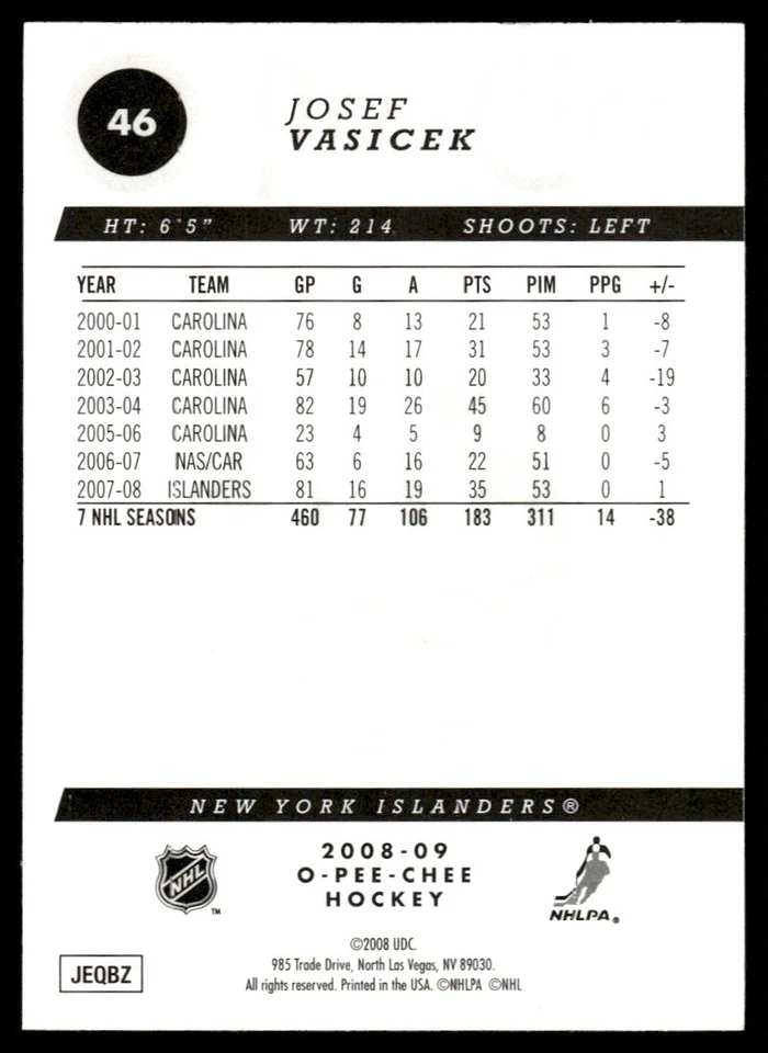 2008-09 O-Pee-Chee Gold Josef Vasicek New York Islanders #46 - Image 2 of 2