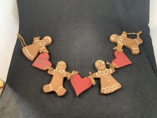 Gingerbread And Heart Wooden Christmas Garland Wood 28" Rustic Country Style