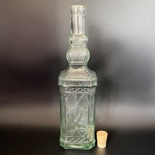 Vintage Green Glass Decanter Bottle Octagonal Embossed Cork Stopper 29cm Display
