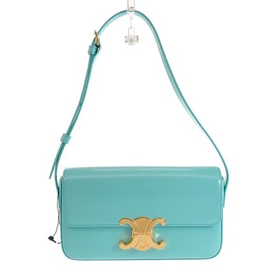 CELINE Triomphe Claude Shoulder Bag Calf Turquoise Blue Gold Women's ISY