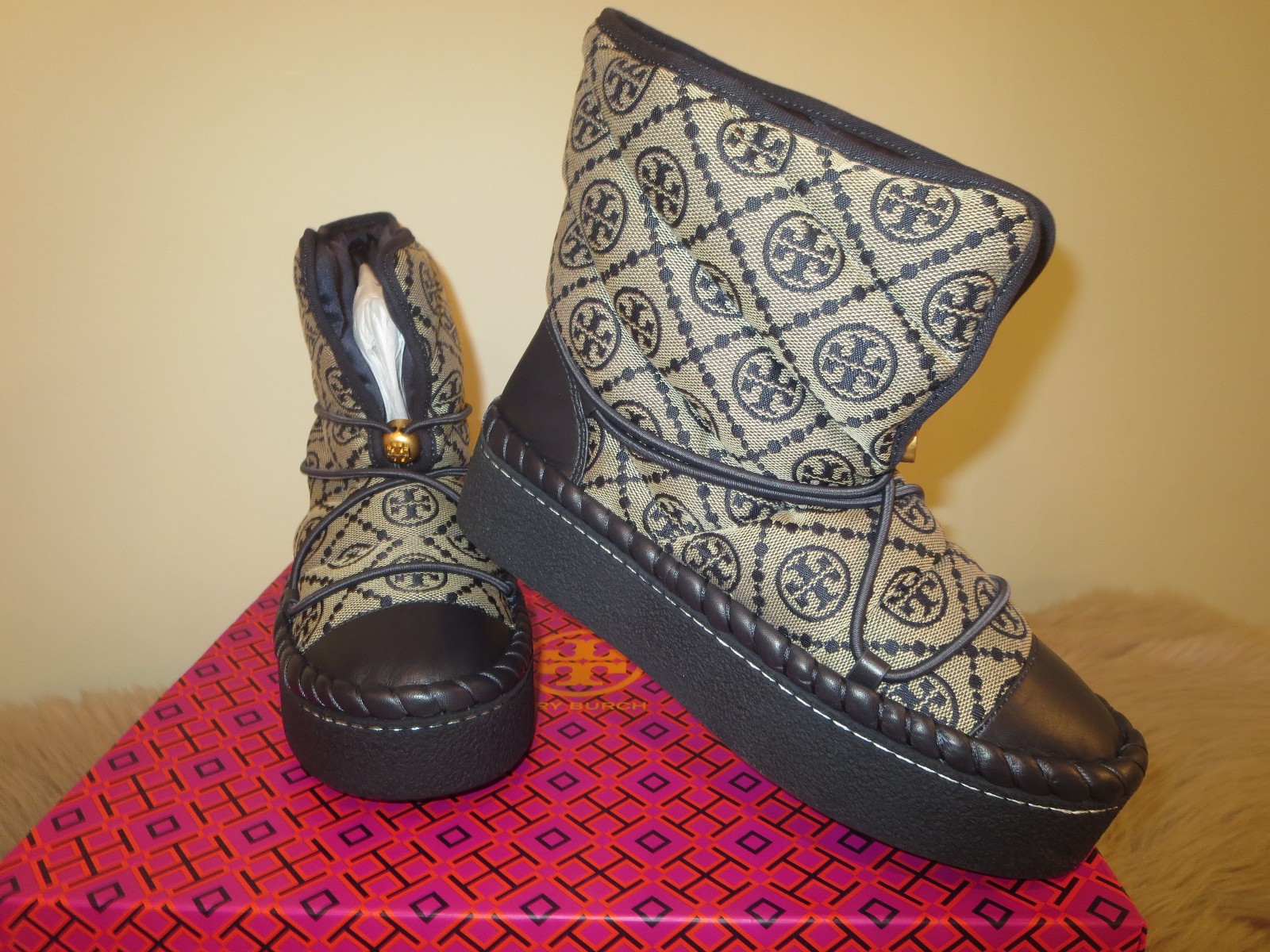Tory Burch T Monogram Navy Canvas & Leather Winter Snow Boots-Size 6.5 -Sold Out image 2