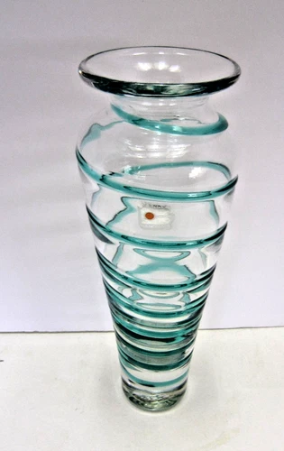 BLENKO Art Glass Vase Clear with Aqua Spiral Banding 10"T