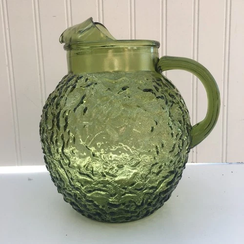 Vintage Anchor Hocking Lido Milano Crinkle Glass Ball Pitcher Avocado Green