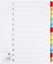 12 Part A4 Punched Filling/Subject Index Divider For Binder File - Numbers 1-12