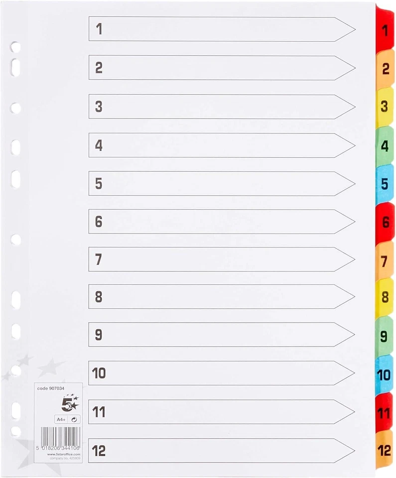 5 STAR 12 Part A4 Punched Filling/Subject Index Divider For Binder File - Numbers 1-12