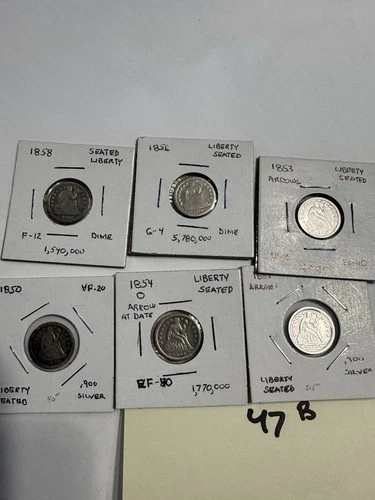 US Mint set of 6 seated liberty dimes 1850-1858 excellent quality coins