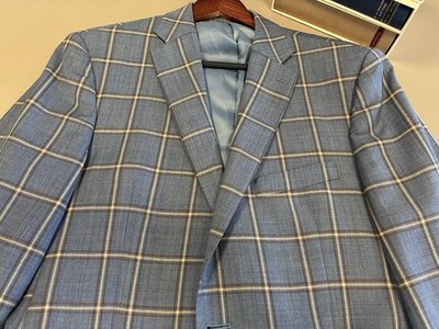 Peter Millar Men's Blue Plaid Wool Blazer Double-Vented Two-Button Classic