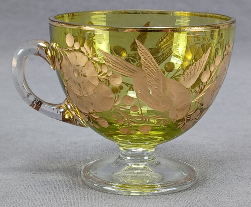 Bohemian Josephinenhutte Intaglio Engraved Gold Birds & Floral Green Footed Cup