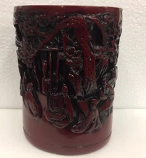 Chinese Antique Boxwood brush pot Carved  Longevity
