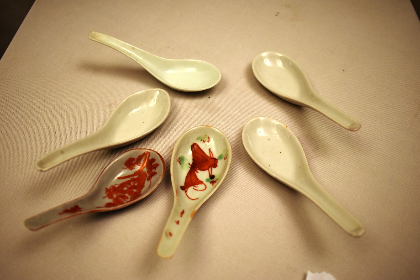 Antik Chinesisch Porzellan Kanton Löffel Handbemalt Nudeln Suppe 6 PC Menge "