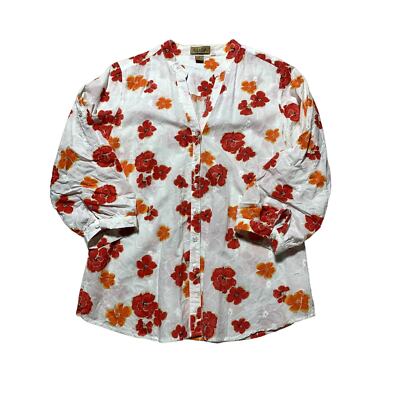 Peck & Peck Weekend Womens M Orange & White Floral Embroidered Button Up Blouse 