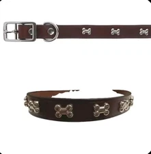 Top Paw® Dog Bones Leather Dog Collar  Size MEDIUM 14-18" 3/4" Wide Color BROWN 
