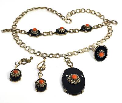 Art Deco black onyx and sponge coral sterling silver Demi Parure antique set 4 p