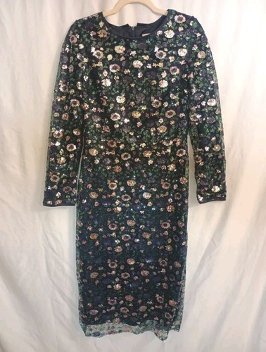 Aura the Label Sz M Formal navy blue floral sequin Sheath midi dress Long Sleeve