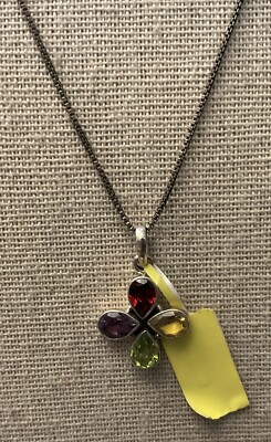 sterling silver Multi Faceted Stone pendant w/chain 16  NWT Flower Bezel Set