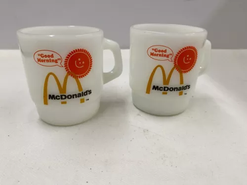 PAIR FIRE KING COFFEE CUPS - MC DONALDS MILK GLASS "GOOD MORNING" MUGS