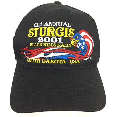 Vtg Sturgis Motorcycle Rally Hat US Flag Eagle Logo Black Hills Baseball Dad Cap