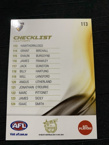 2016 SELECT CERTIFIED AFL CARDS HAWTHORN HAWKS BASIC TEAM SET - Picture 4 of 6