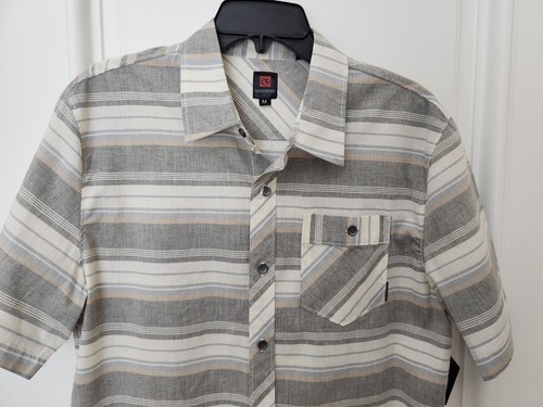 New Mens Ocean Current Cream/Gray/Blue Striped Woven S/S Button-Up Shirt Medium - Picture 2 of 2