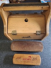 Kiwi Shoe Shine Groomer Wooden Box Foot Rest With 2 Horsehair Brush Solid Wood