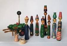 Vintage Folk Art Wooden Egyptian Spindle Dolls & Fruit Wheel Cart Lot of 24 pcs.