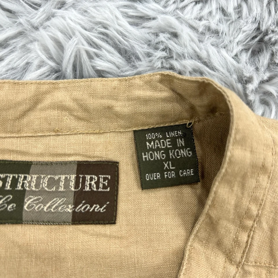 Structure Le Collezioni Shirt Men’s XL Khaki NWOT VTG 90 100% Linen Band Collar - Image 3 of 4