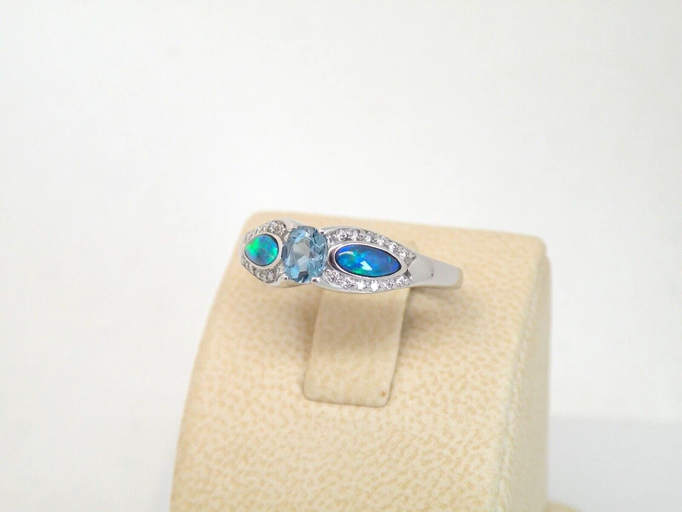  正品 Kabana 14k 白金戒指,优质蛋白石,海蓝宝石,钻石,尺寸 7  — 第 4/4 张图片