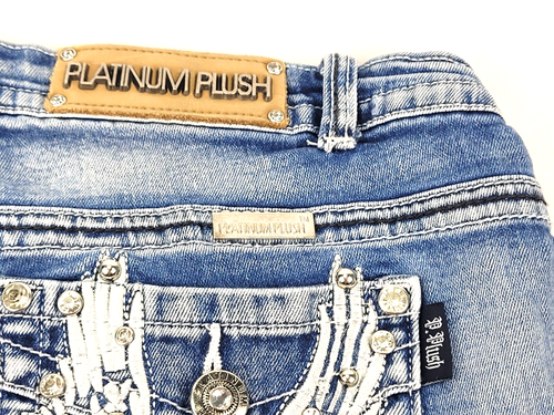 Platinum Plush Motorcycle & Wings Rhinestone Denim Boot Cut Blue Jeans Women's 9 - Picture 10 of 10