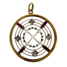 Edwardian Target Diamond Pearl Ruby 18K Yellow Gold Pendant