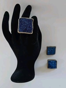 Authentic Modernist DRUZY 925 Gold Plated Ring (8.25) Clip On Earrings Set Brushed Texture