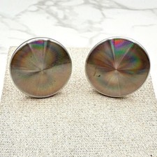 Vintage Silver Tone Round Cufflinks Holographic Rainbow Optical Foil Psychedelic