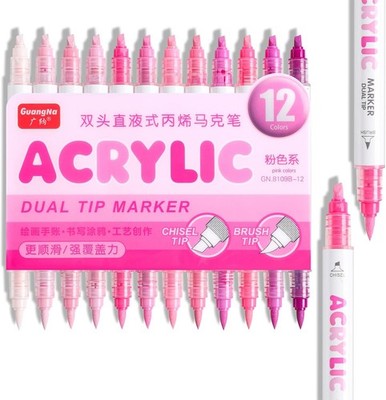 12 Colors Dual Tip Acrylic Paint Markers,Pink Color  Extra Fine & Soft Brush Pen