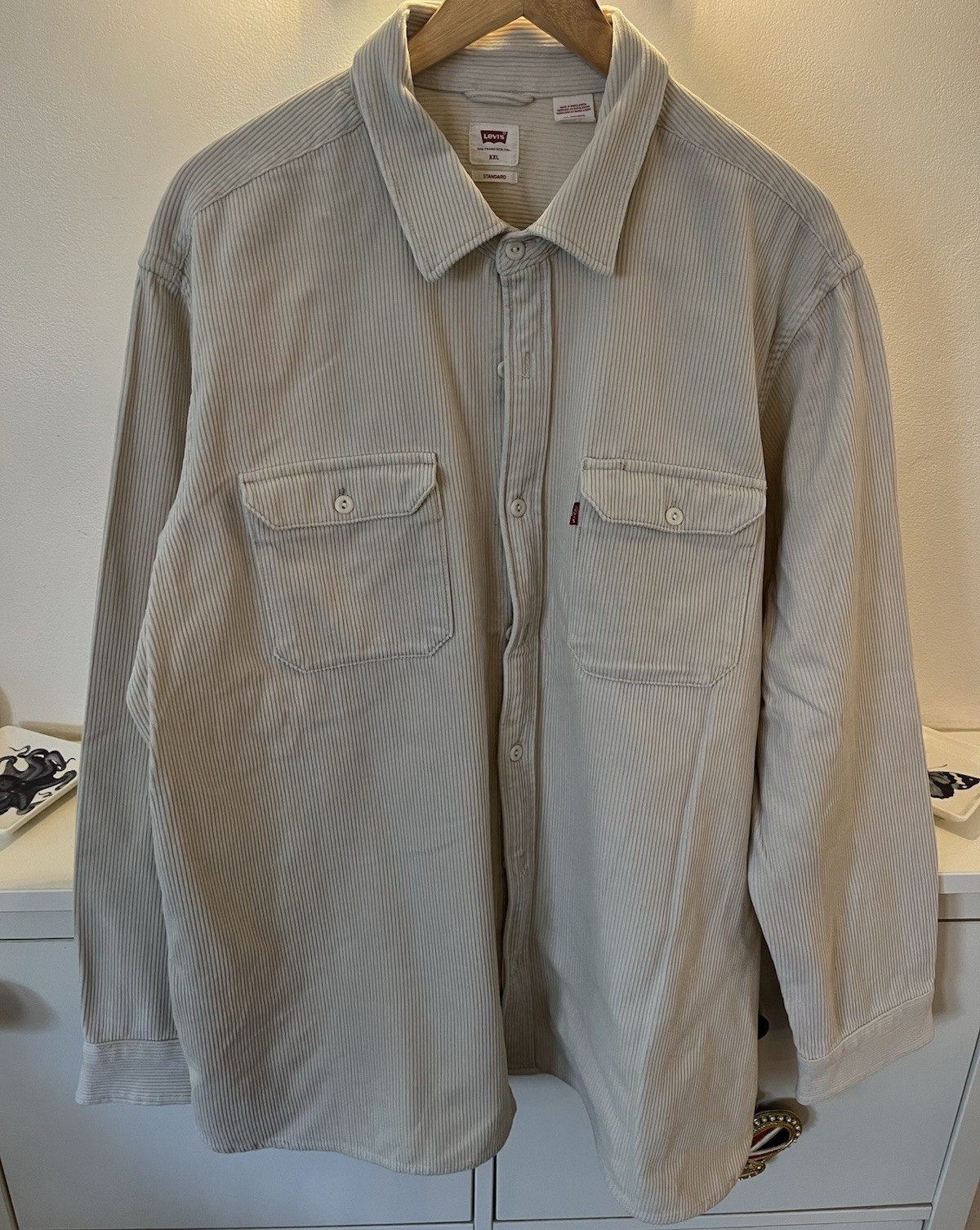 Levi's Men's Beige Striped Corduroy Cotton Button-Up Shirt Pockets XXL