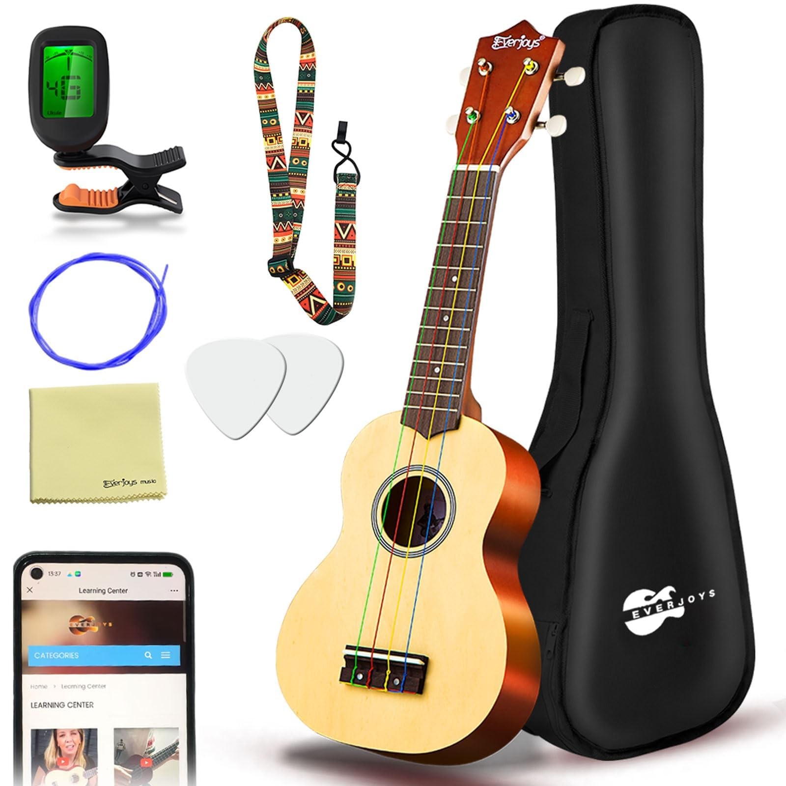 Soprano Ukulele Beginner Pack-21 Inch w/Rainbow String Free Online Lesson Gig