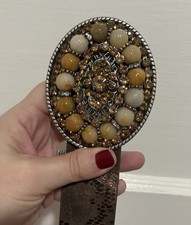 Chico s Jewel Bling Buckle Leather Snakeskin Bronze Print Boho Brown Belt 40 L