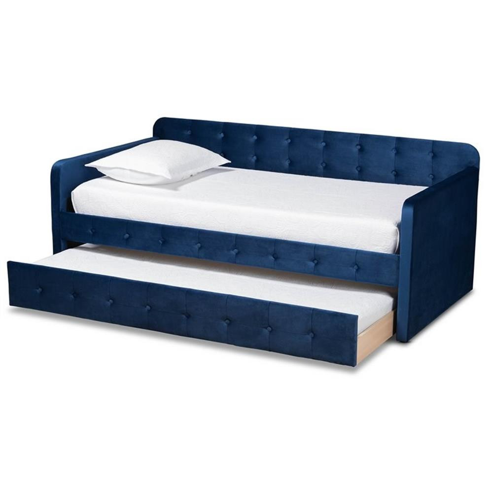 Baxton Studio Jona Navy Blue Velvet Upholstered Twin Size Daybed with Trundle